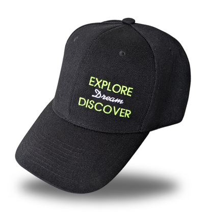 'Explore Dream Discover' // Black Color Polyester Baseball Cap